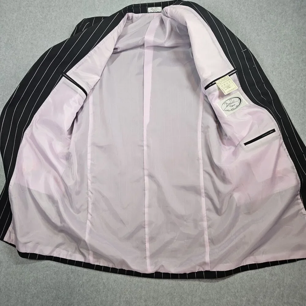 Den Zel Collection Men's Black Pink Pinstripe Lined Suit With Vest 40R Zoot